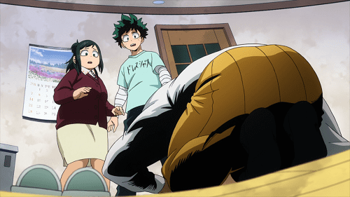 All Might Kneels Before Izuku And His Mother